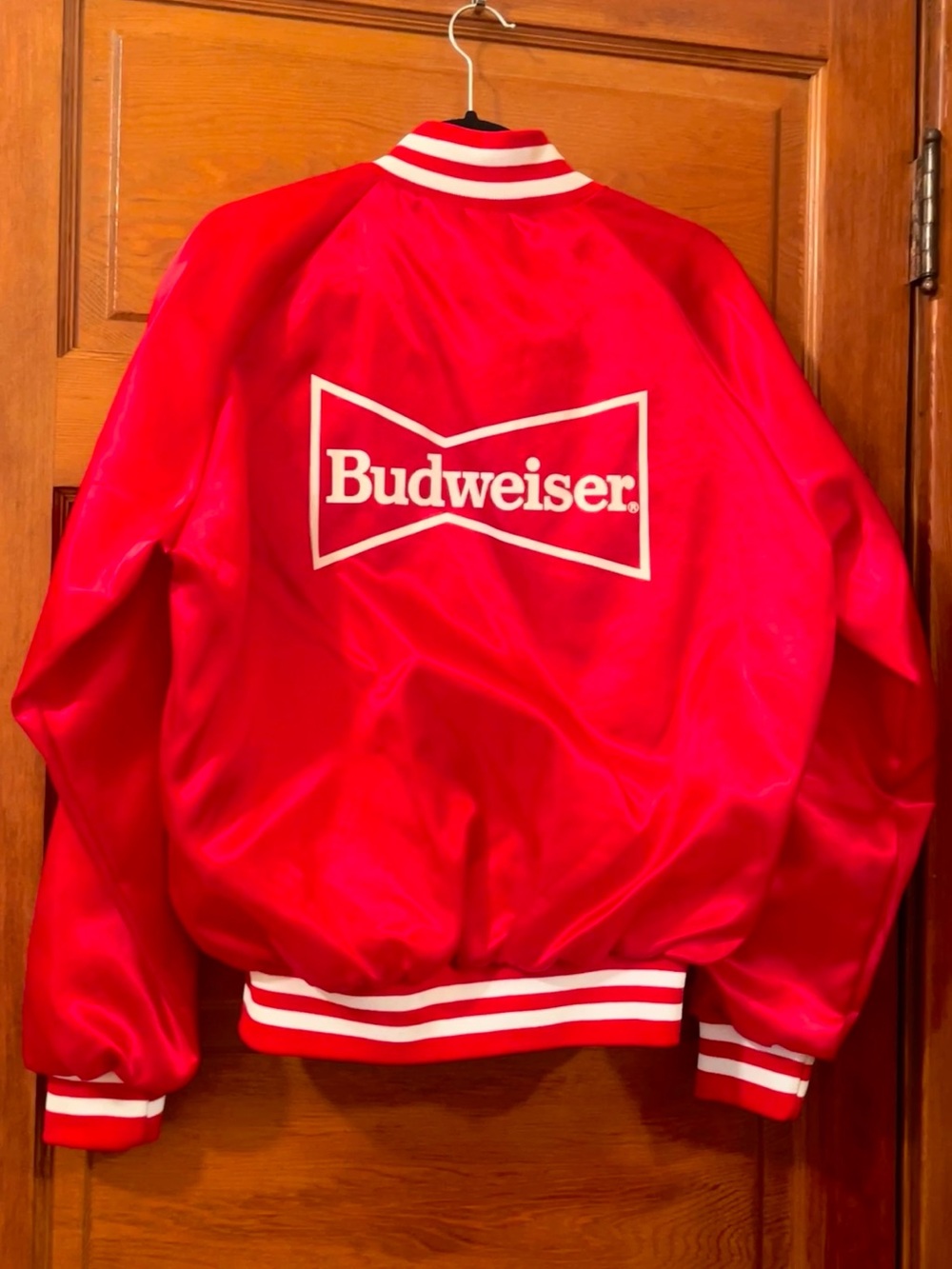 Vintage Budweiser Red Satin Bomber Jacket - Size Medium